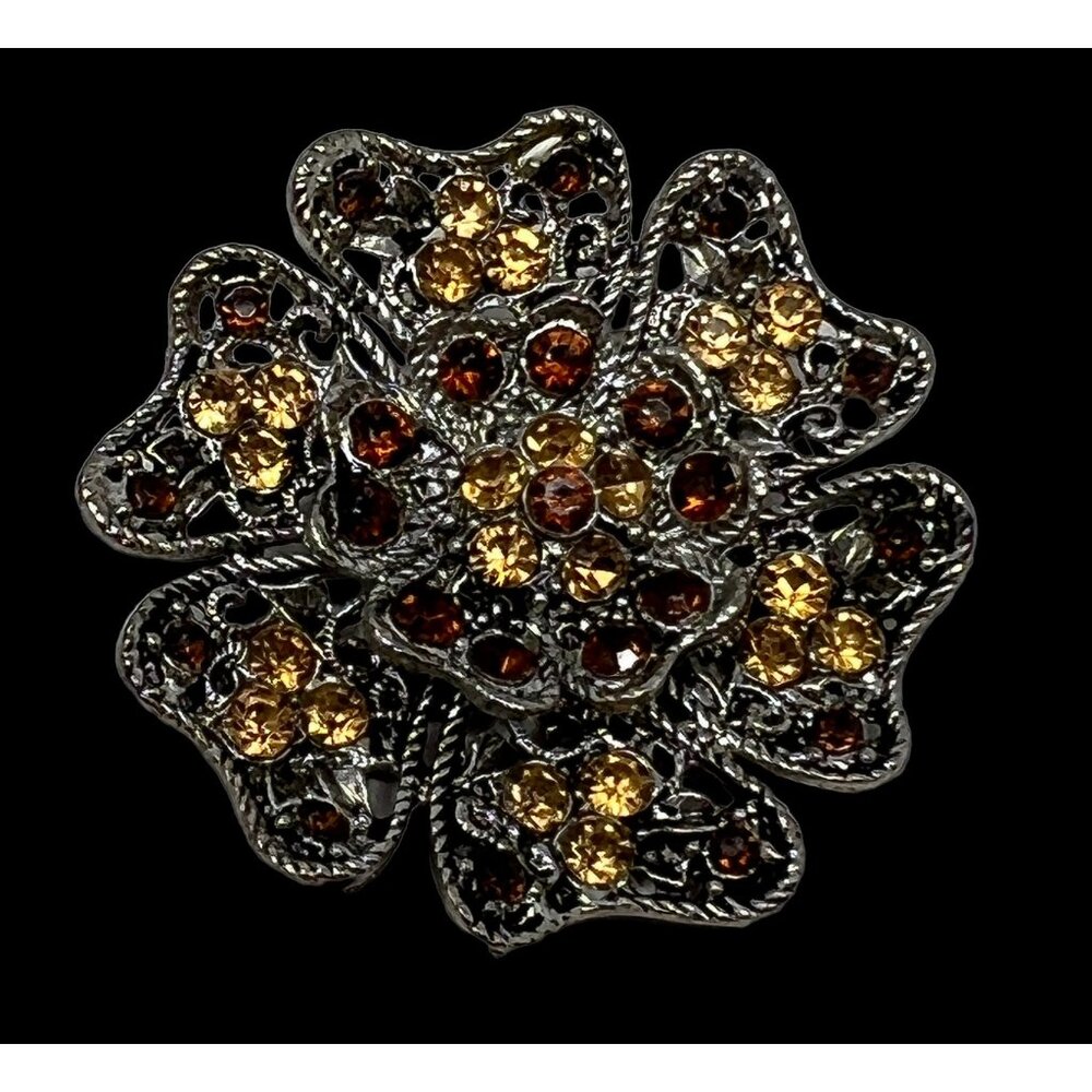 Flower Brooch Gold Brown Tone Rhinestones Vintage Pin